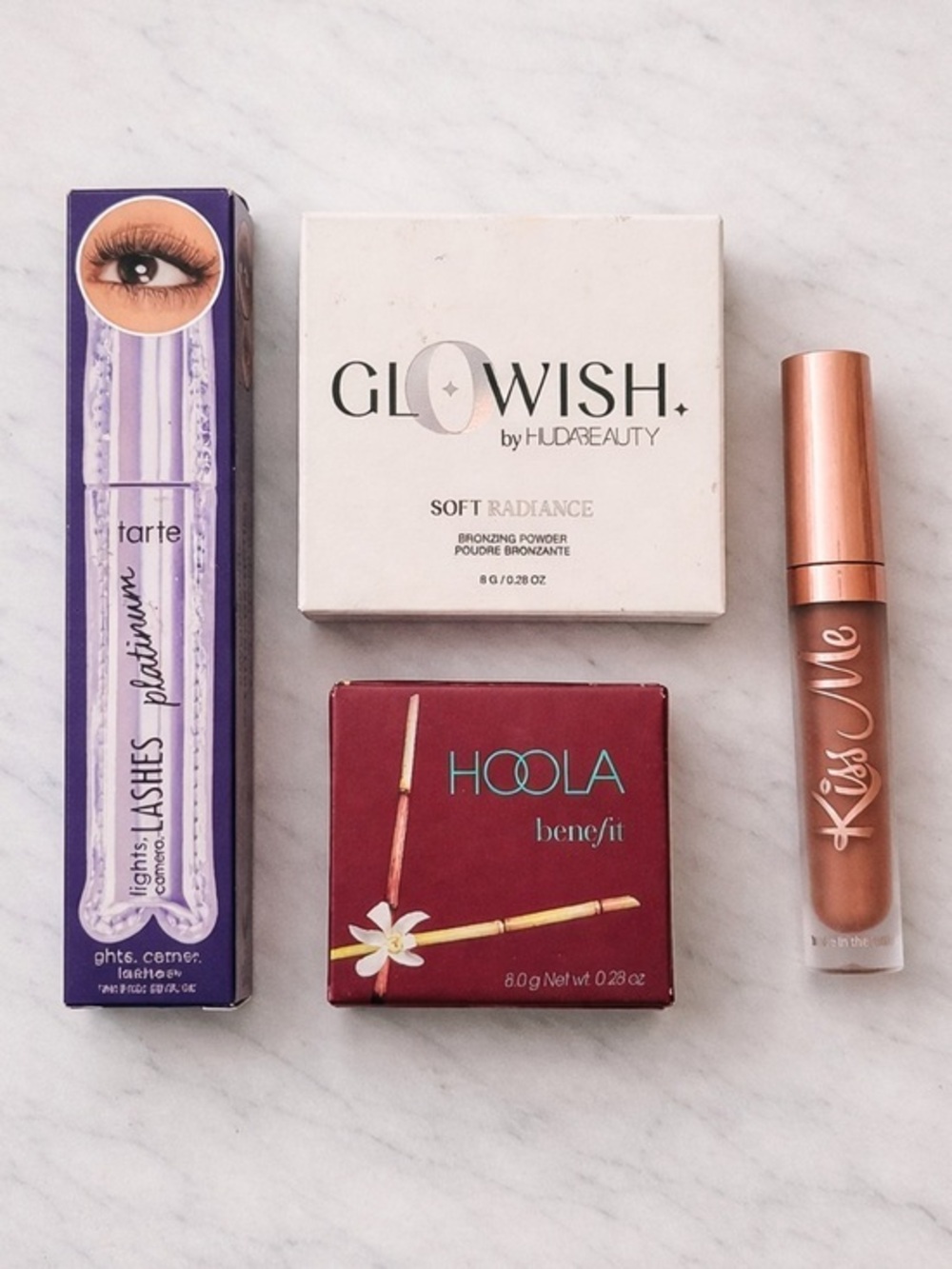 Tarte Lights Camera Lashes + Huda Beauty Glowish Bronzer + Benefit Hoola + Lippy